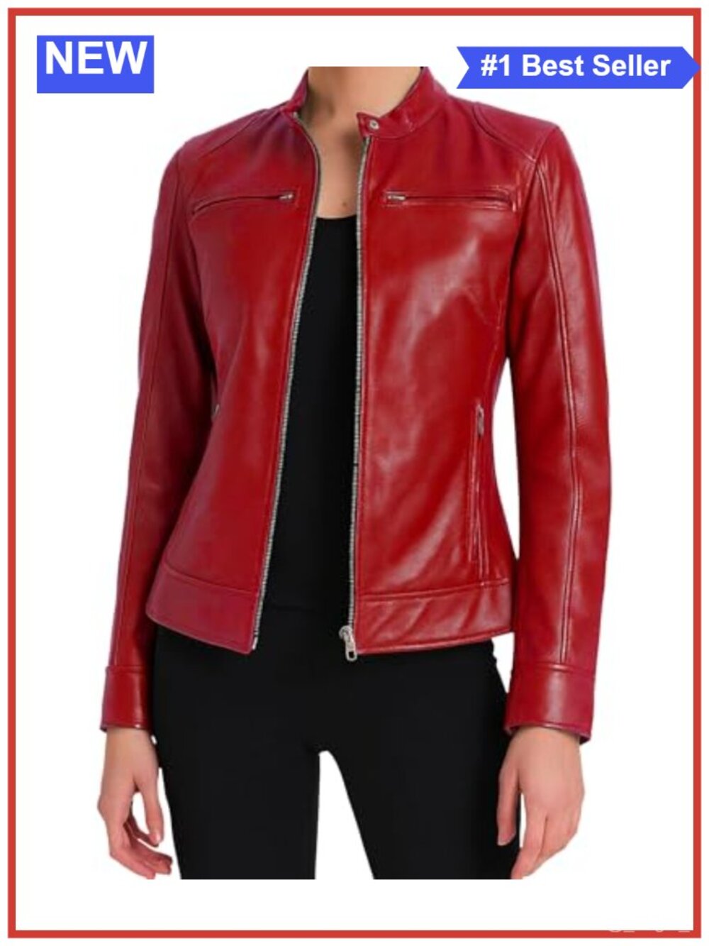 Real Lambskin Leather Jacket Cafe Racer Moto Zip Women